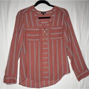 Express Portofino & Hudson Zip Adjustsble Sleeve Blouse V-Neck Career Wear Sz S